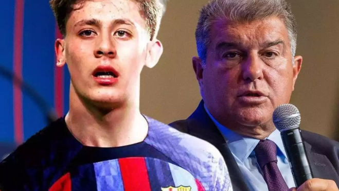 Recreación de Arda Güler con la camiseta del Barça al lado de Joan Laporta