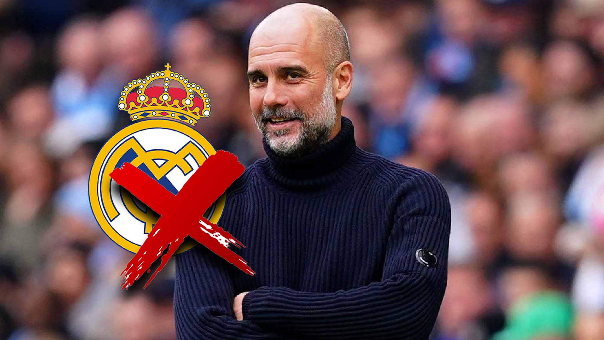 Guardiola feliz con escudo Real Madrid tachado