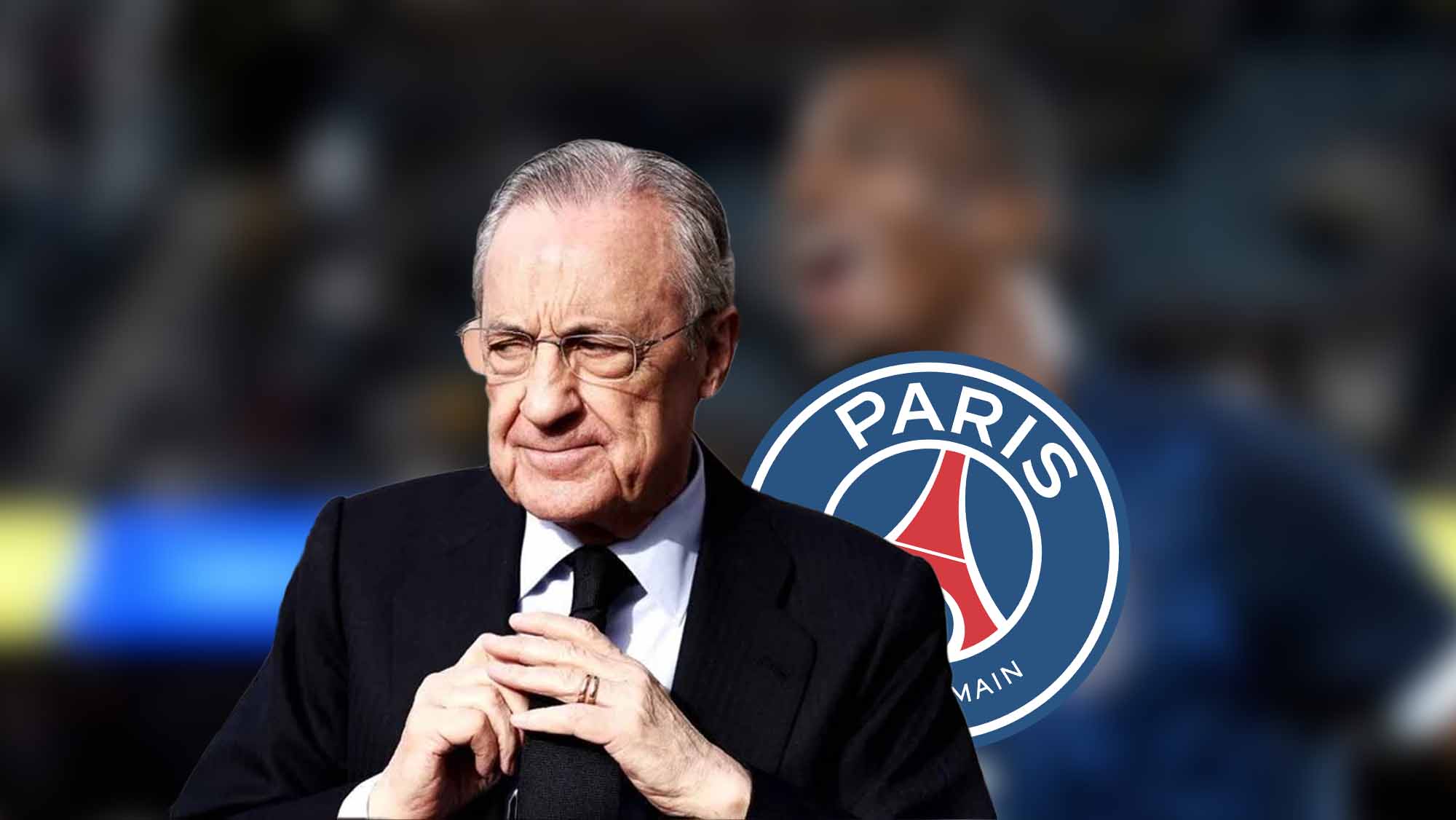 Florentino Pérez con jugador de incógnito de fondo y escudo PSG