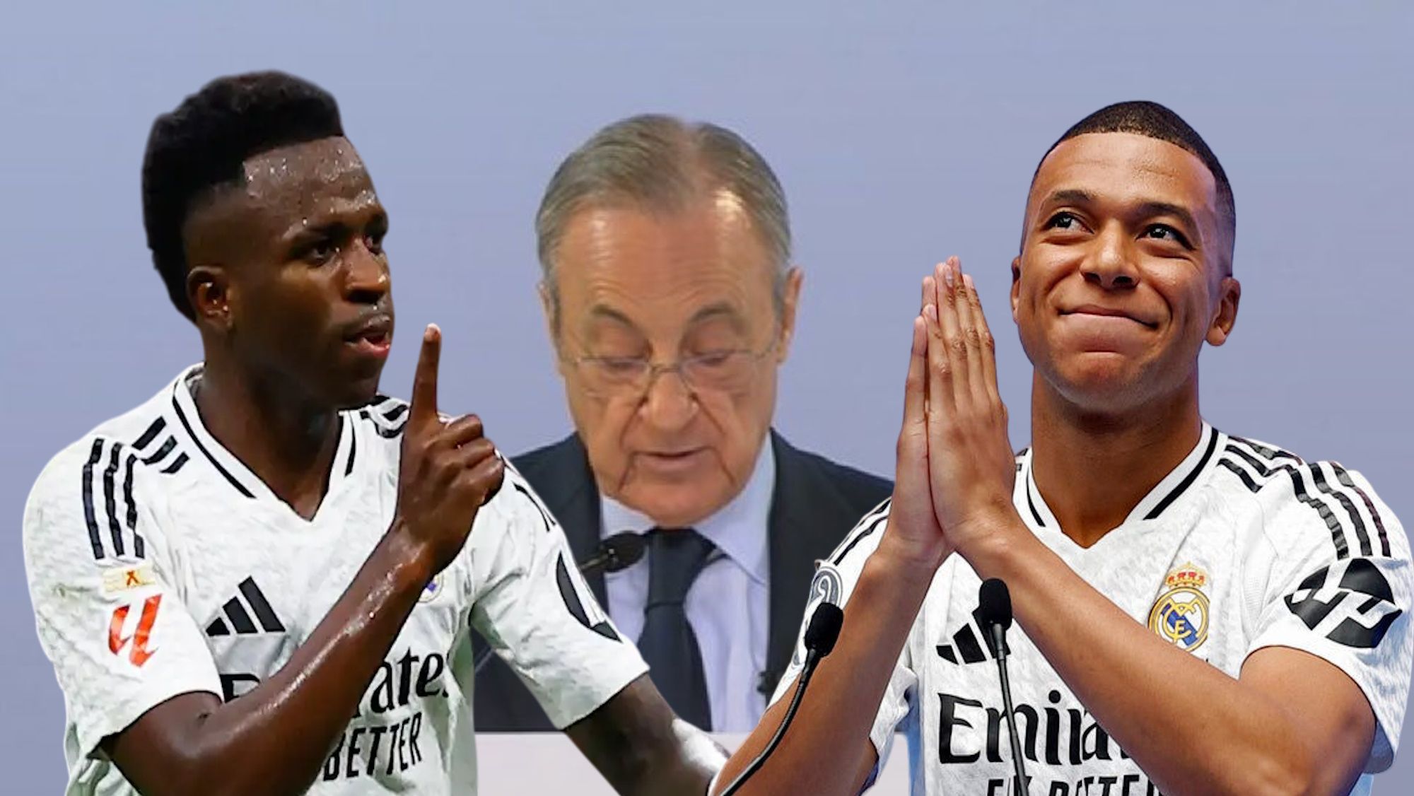 Florentino Pérez en la Asamblea con Vinicius y Mbappé