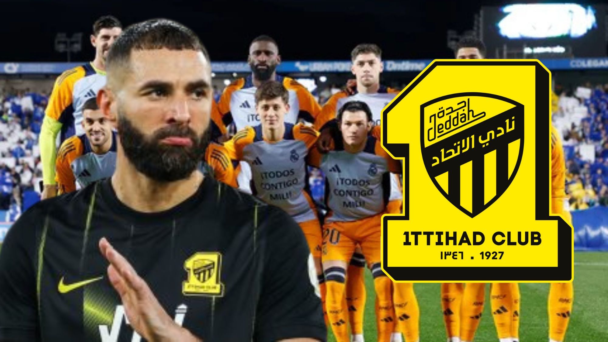 Benzema, alineación del  RealMadrid y escudo Al Ittihad