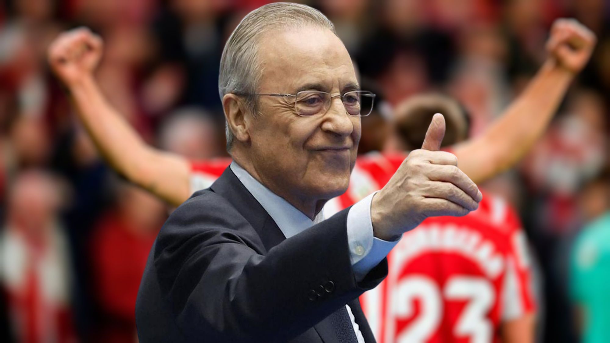 Florentino Pérez levantando el pulgar delante de un jugador del Bilbao en borroso