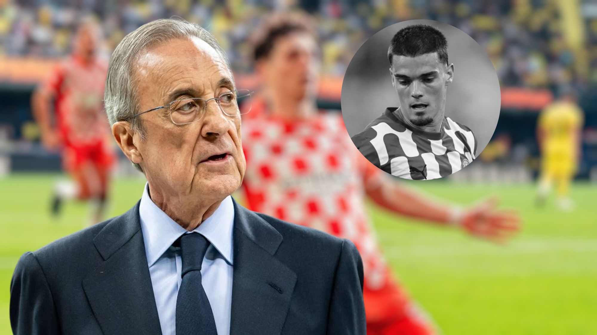 Florentino Pérez delante de un jugador del Girona en incógnito y Miguel Gutiérrez en blanco y negro