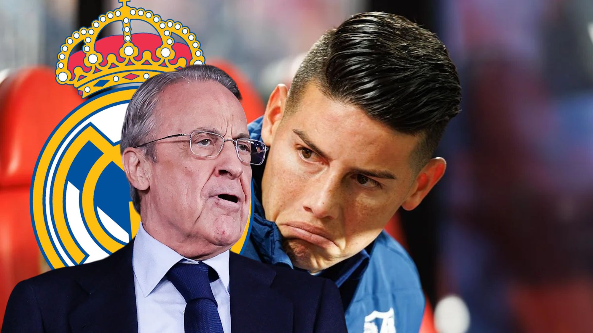 Florentino Pérez, James Rodríguez y escudo Real Madrid