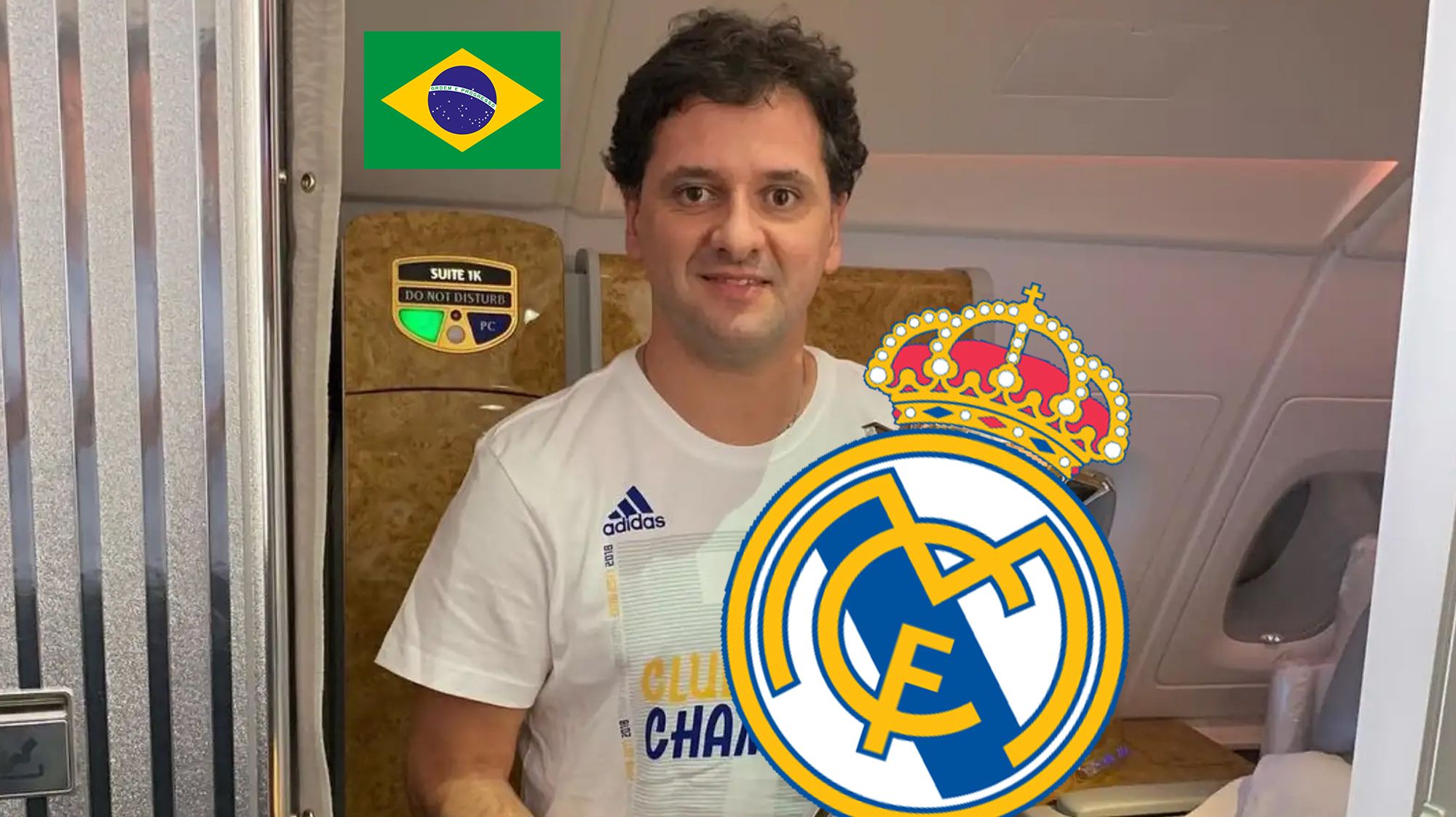 Juni Calafat junto a un escudo del Real Madrid y la bandera de Brasil.