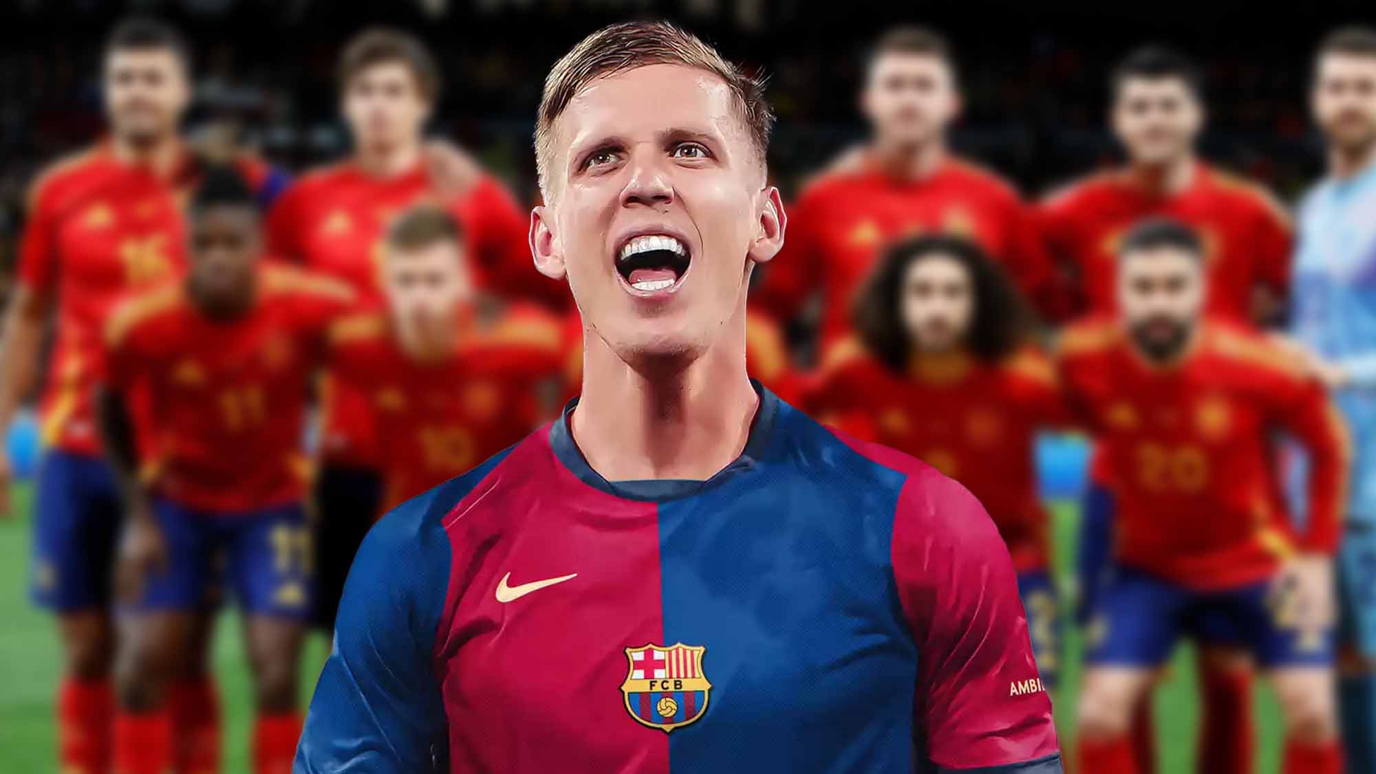 Dani Olmo con el Barcelona y fondo de Selección de España