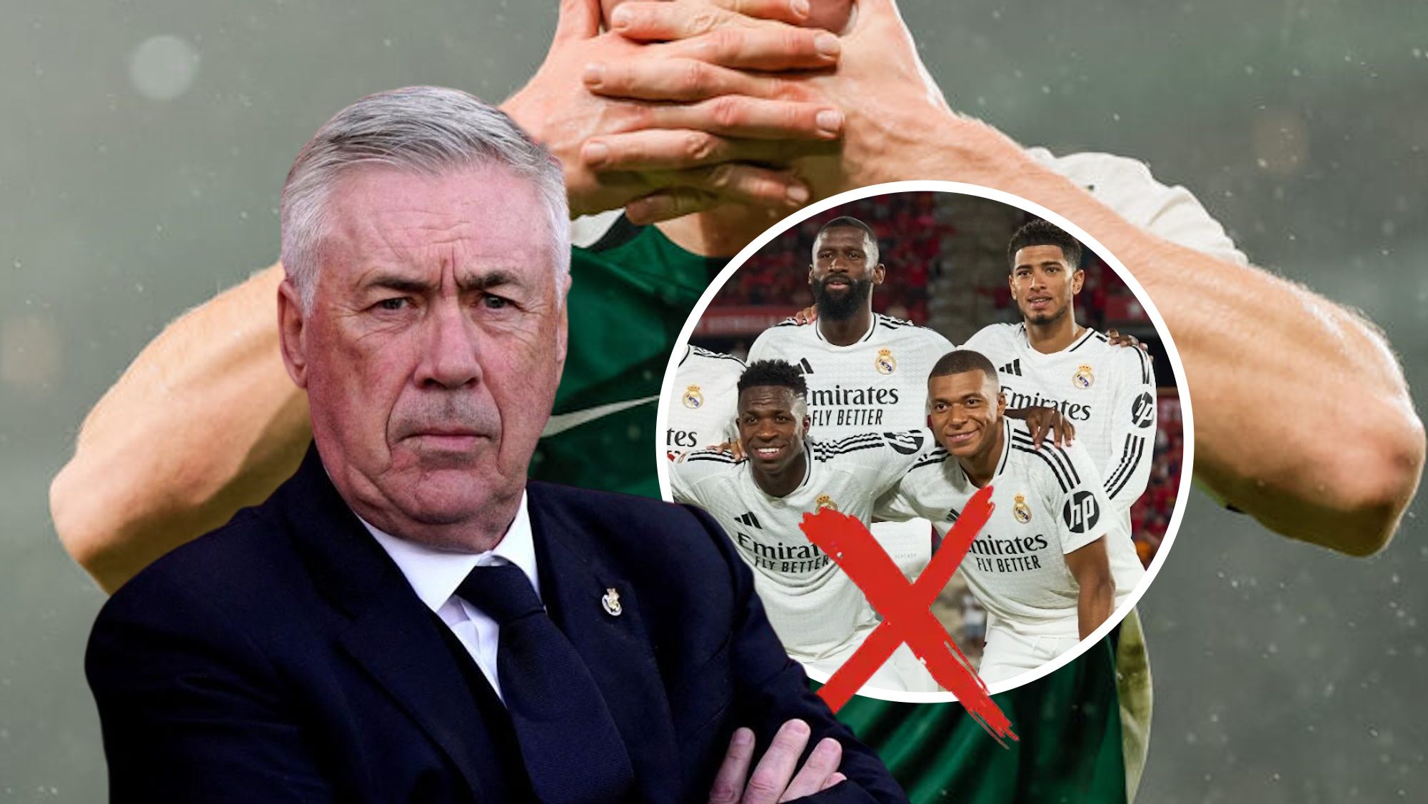 Ancelotti serio con jugadores tachados del Real Madrid y fondo de jugador de incógnito