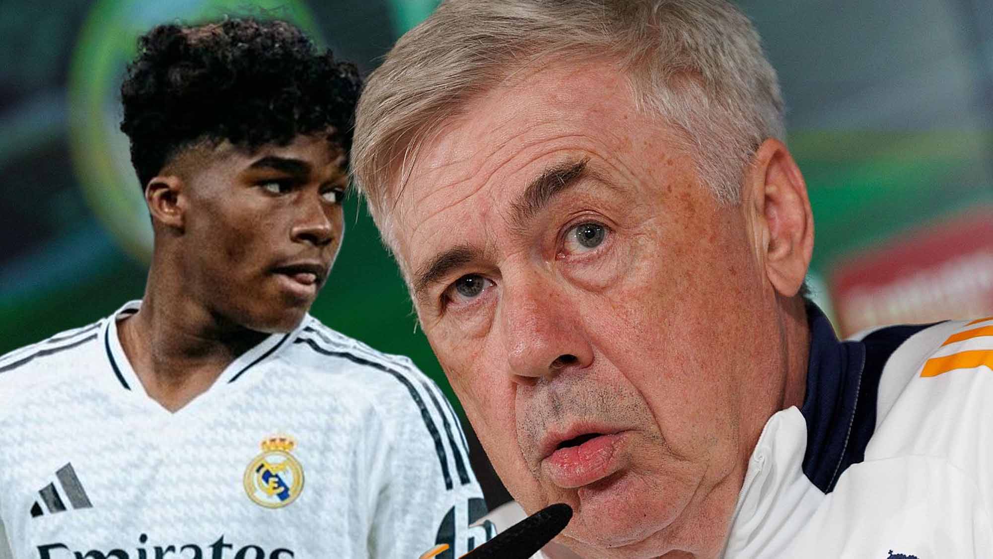 Ancelotti en rueda de prensa con Endrick serio mirándole