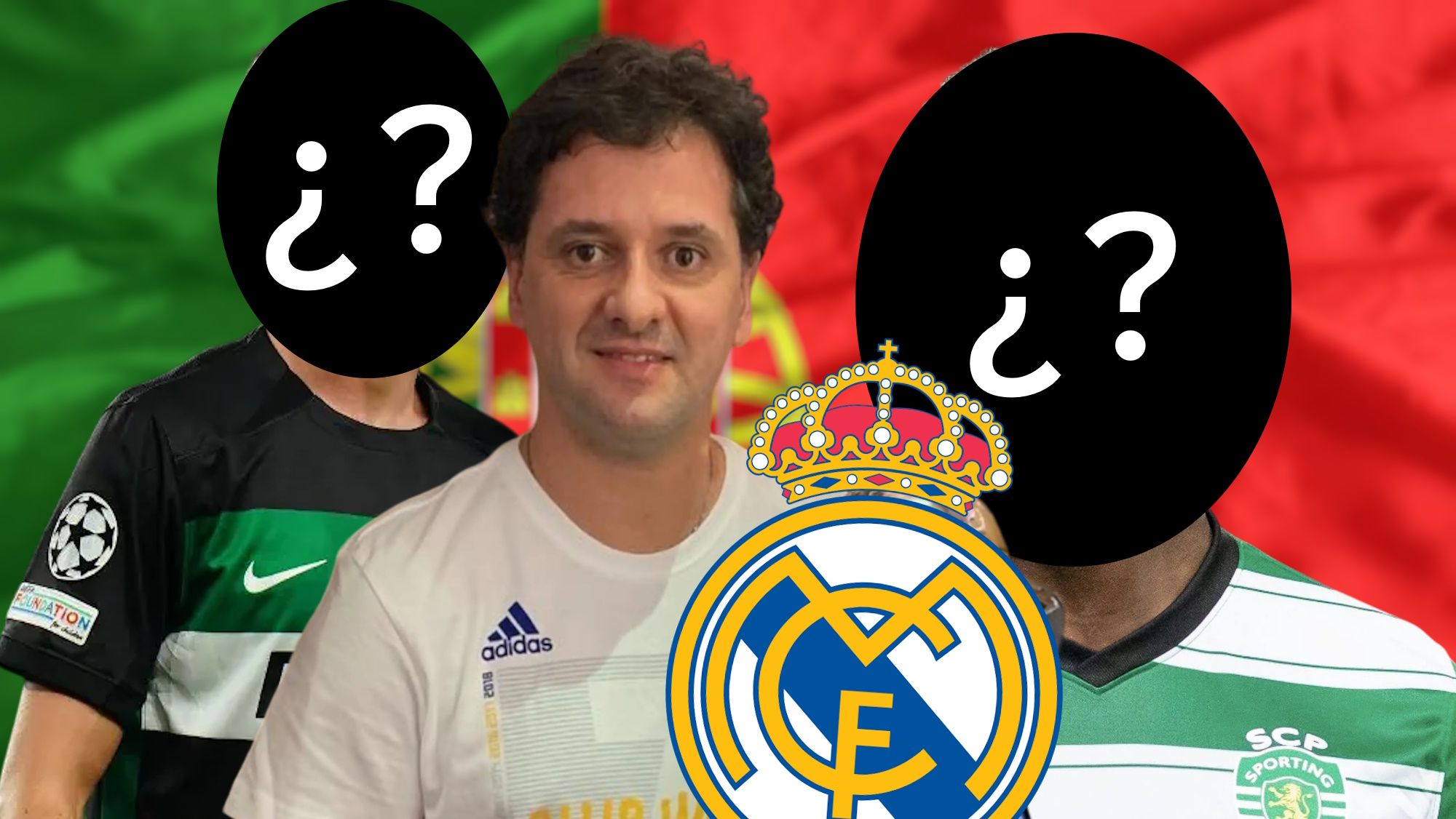 Juni Calafat con escudo del Real Madrid y dos jugadores de incógnito sobre un fondo de la bandera de Portugal