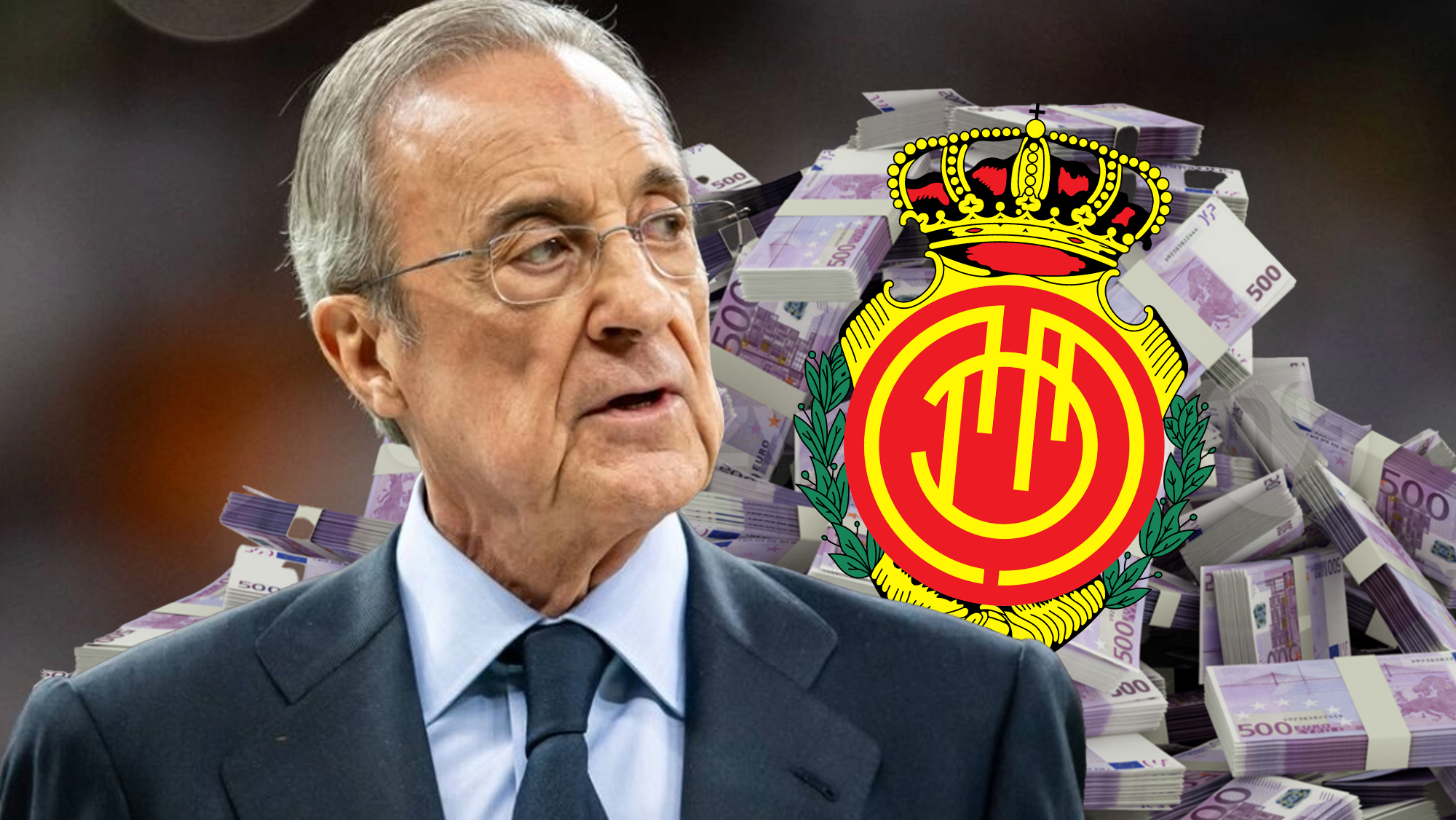 Florentino serio con escudo Mallorca y pila de dinero