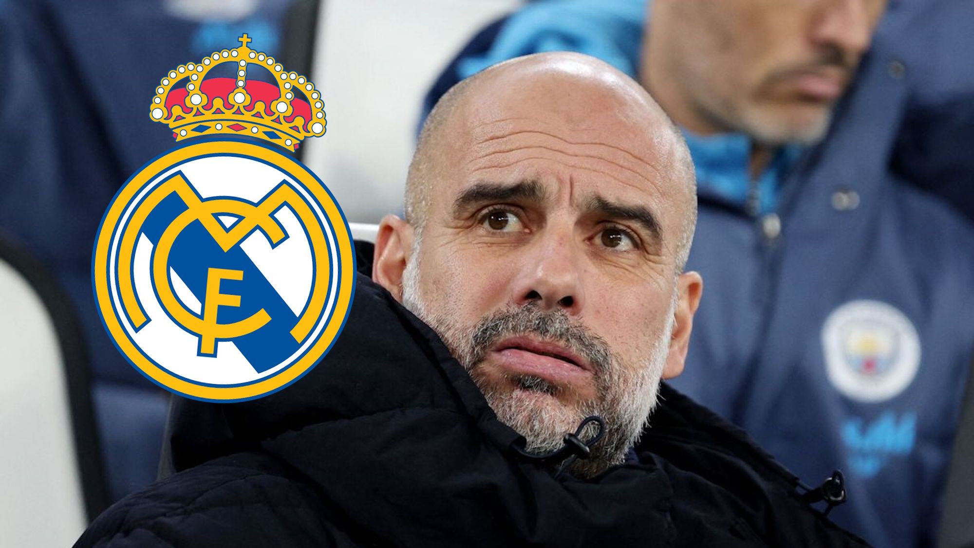 Guardiola preocupado y escudo del Real Madrid