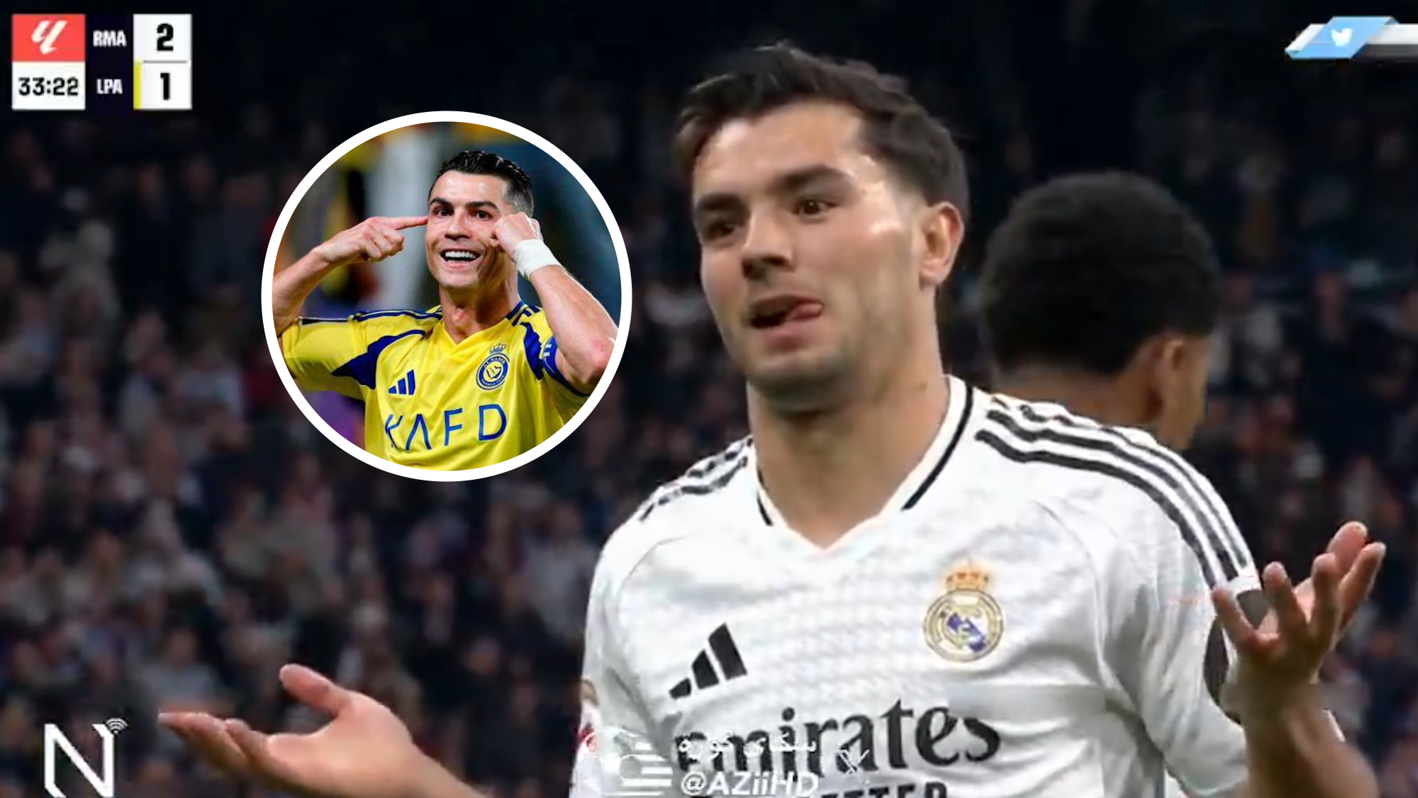 Brahim Díaz después de marcar su gol y Cristiano Ronaldo en círculo