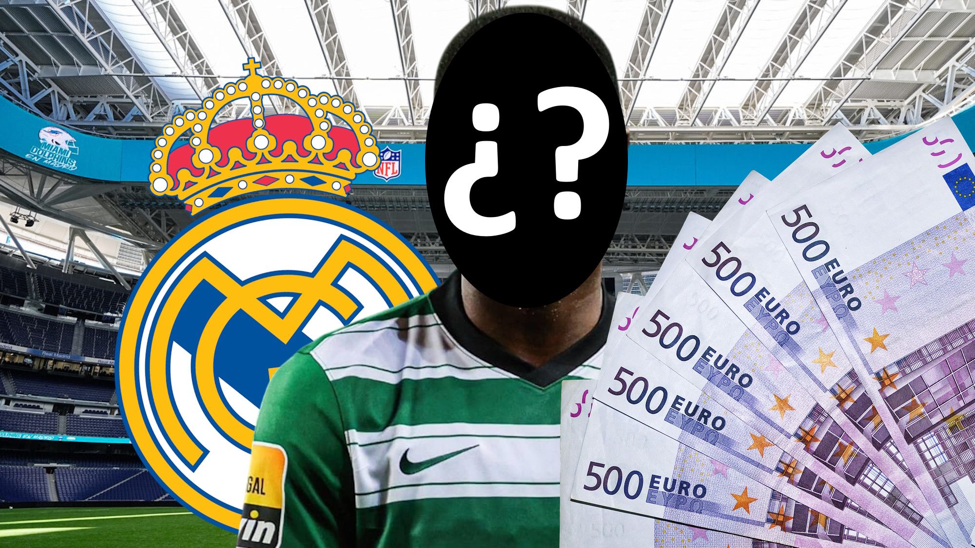 Jugador de incógnito con billetes de 500 euros, escudo Real Madrid y fondo del Bernabéu