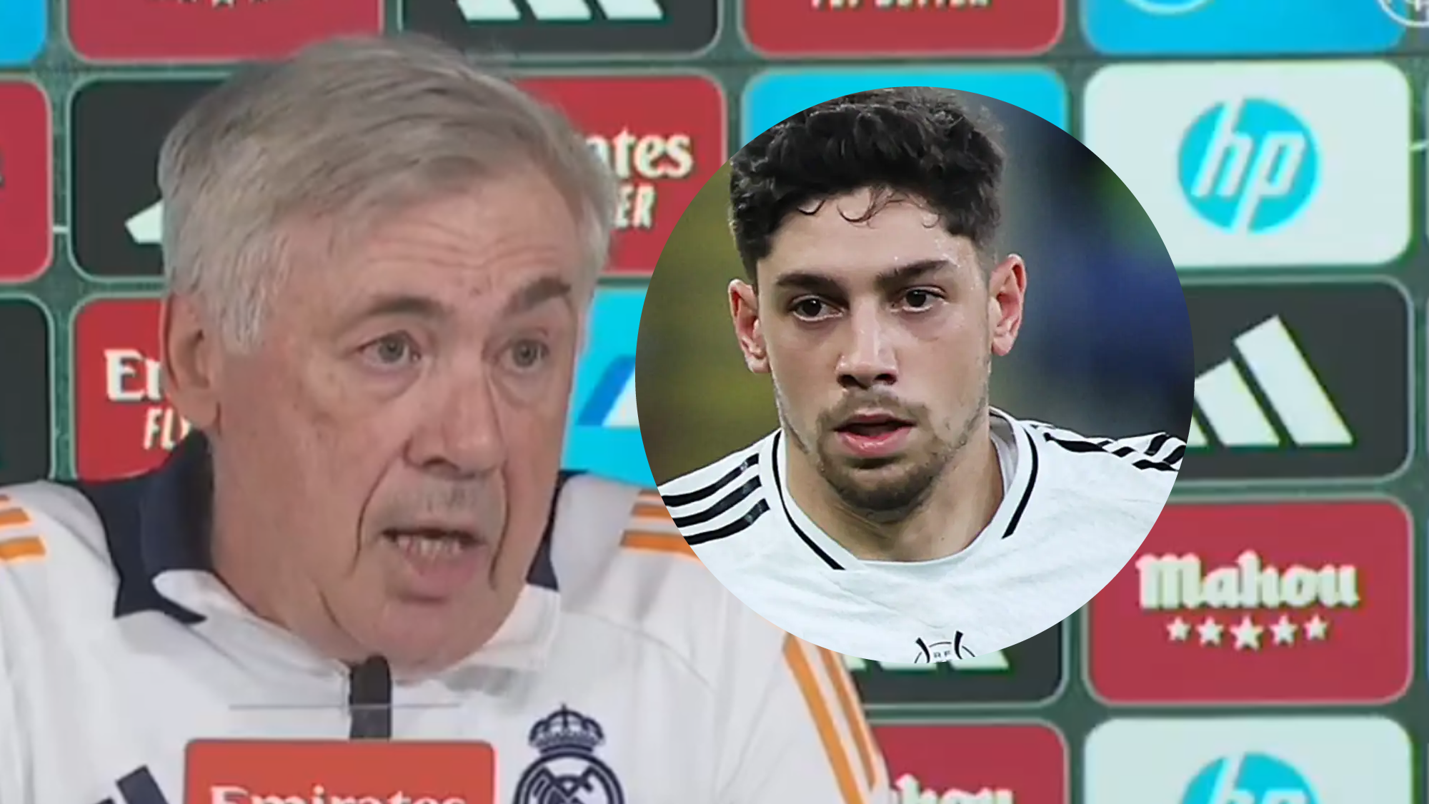 Carlo Ancelotti en rueda de prensa y Fede Valverde en redonda