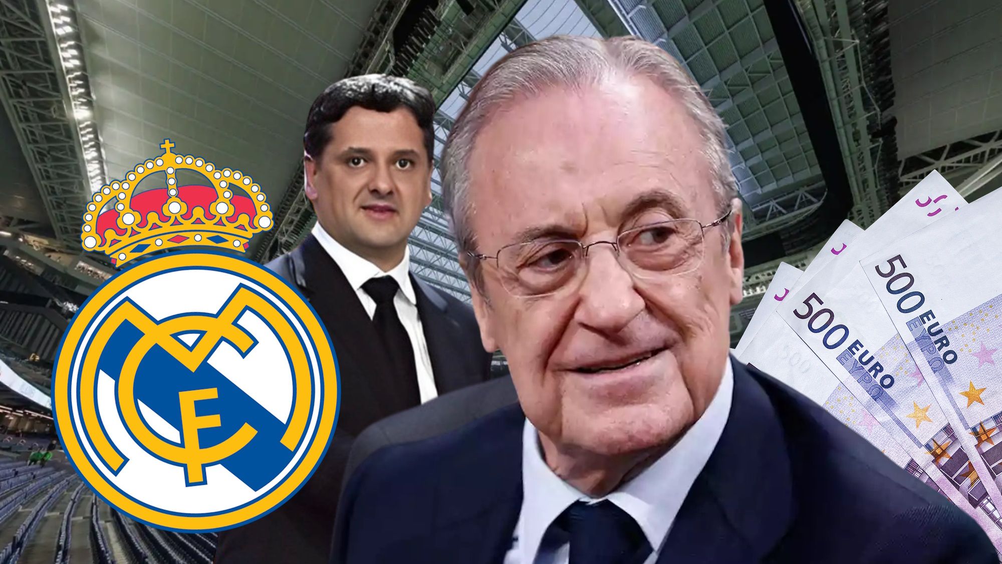 Florentino Pérez con Juni Calafat y escudo del Real Madrid y dinero