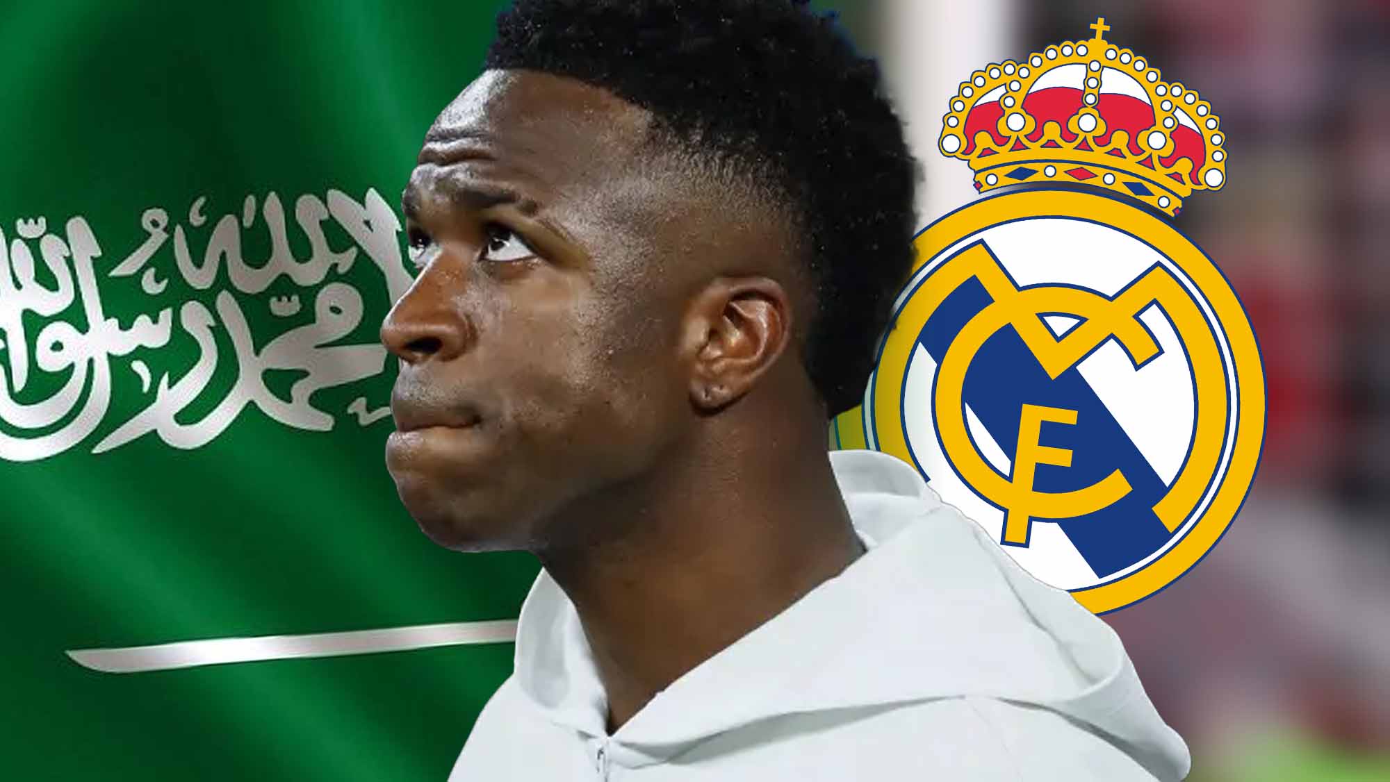 Vinicius pensativo con escudo RM y bandera Arabia