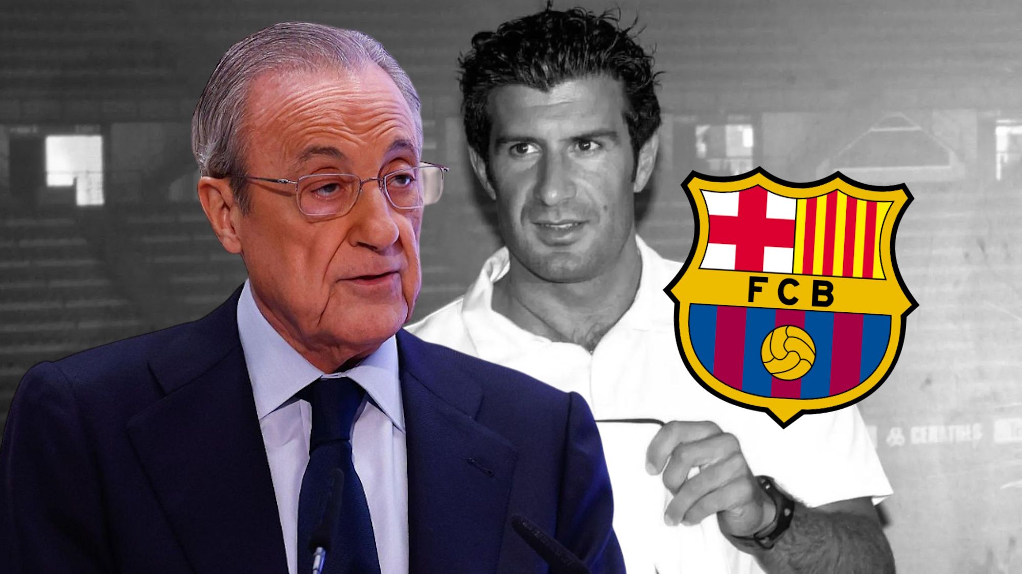 Florentino Pérez con escudo del Barça y Figo de fondo en blanco y negro