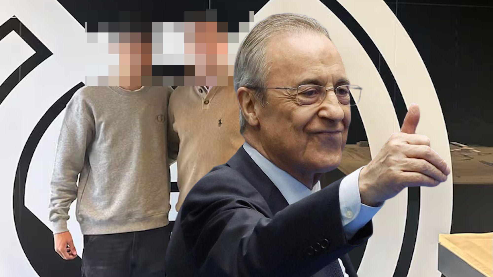 Florentino Pérez levantando el pulgar ante personas de incógnito