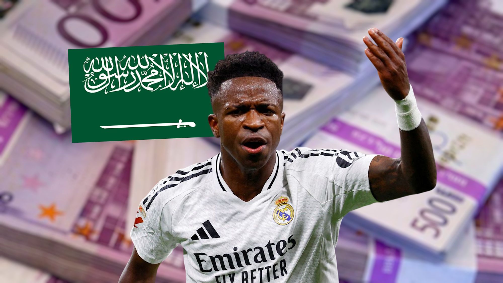 Vinicius Júnior con bandera de Arabia Saudí y billetes de 500 euros de fondo