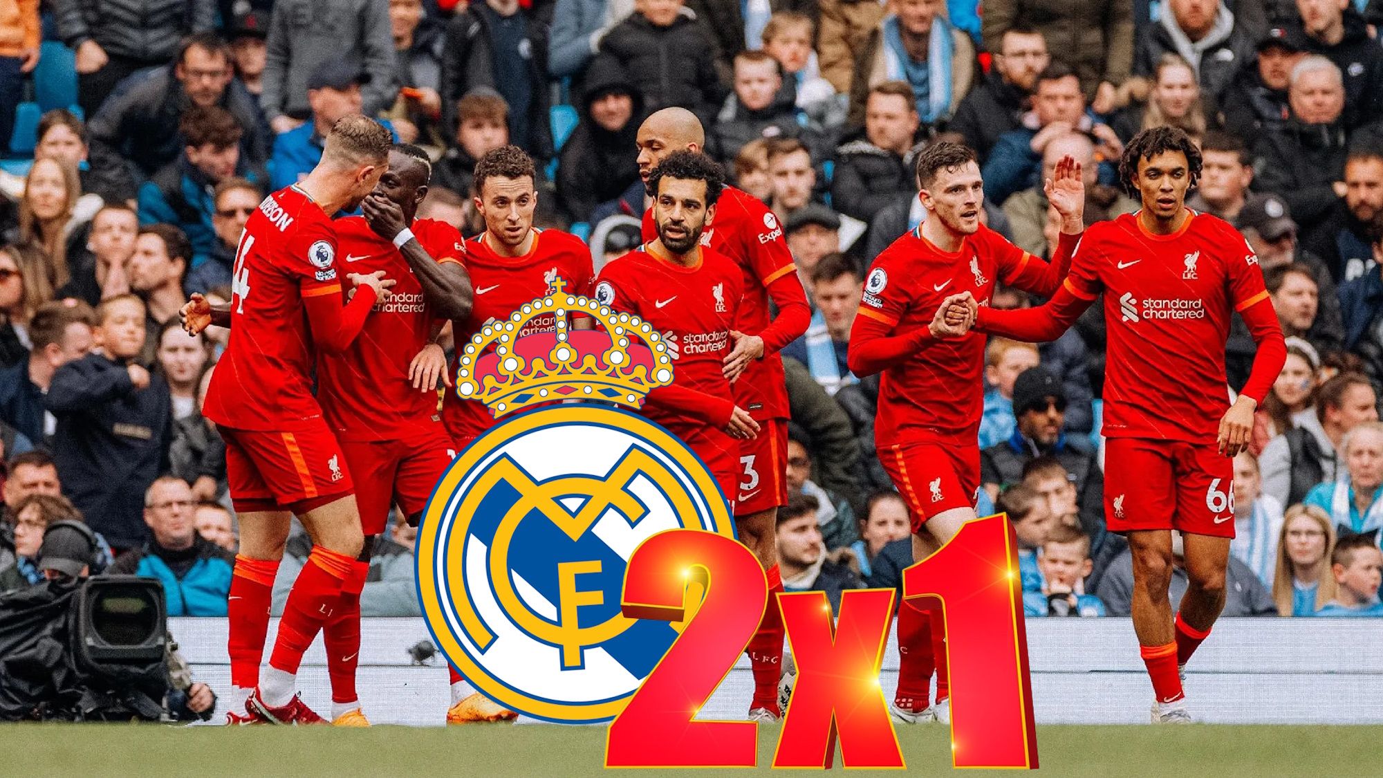 Jugadores del Liverpool con escudo Real Madrid y símbolo 2x1