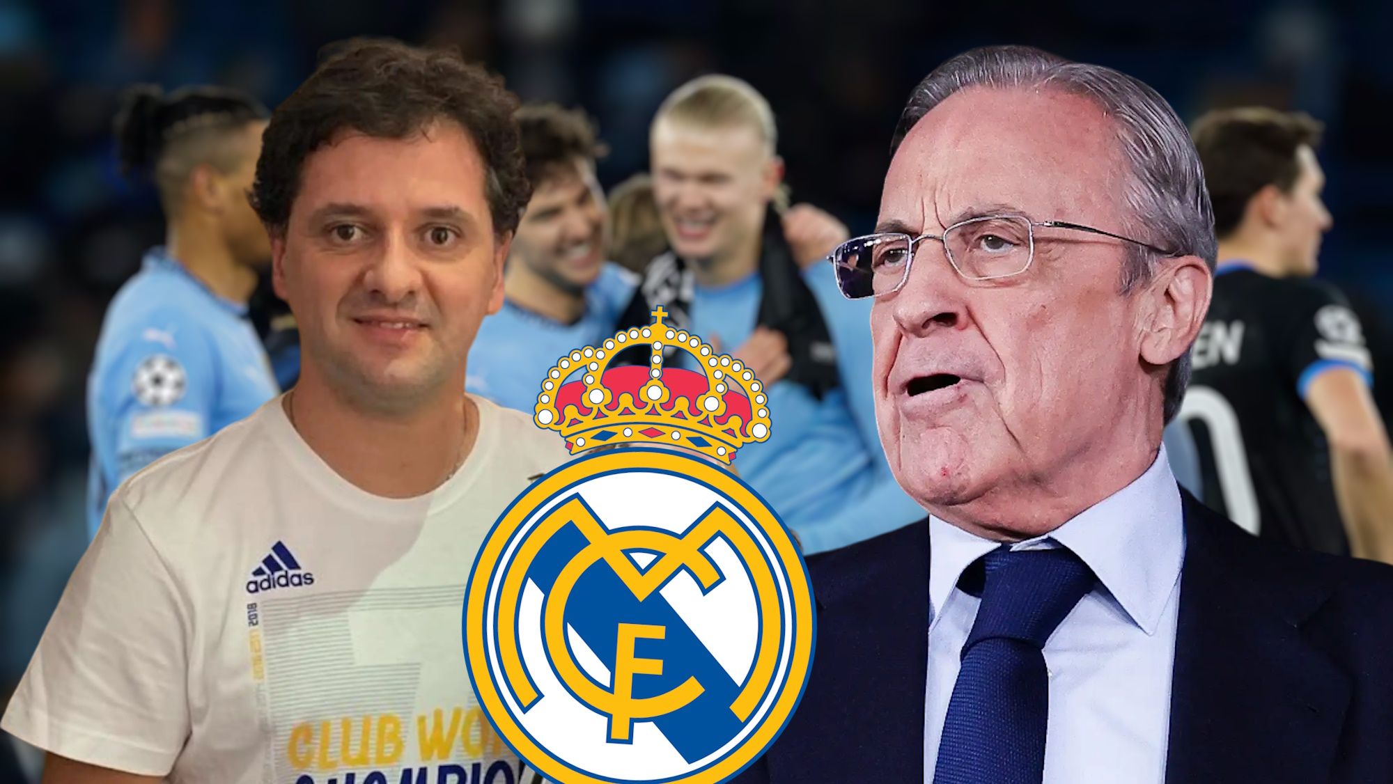 Calafat y Florentino con escudo del Real Madrid y jugadores del City de fondo