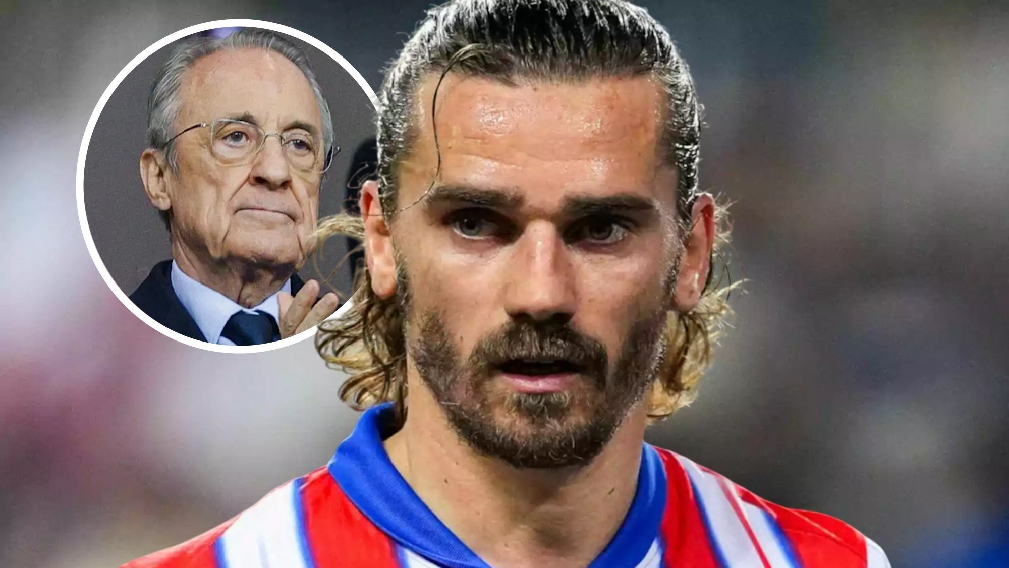 Griezmann serio y Florentino Pérez en círculo