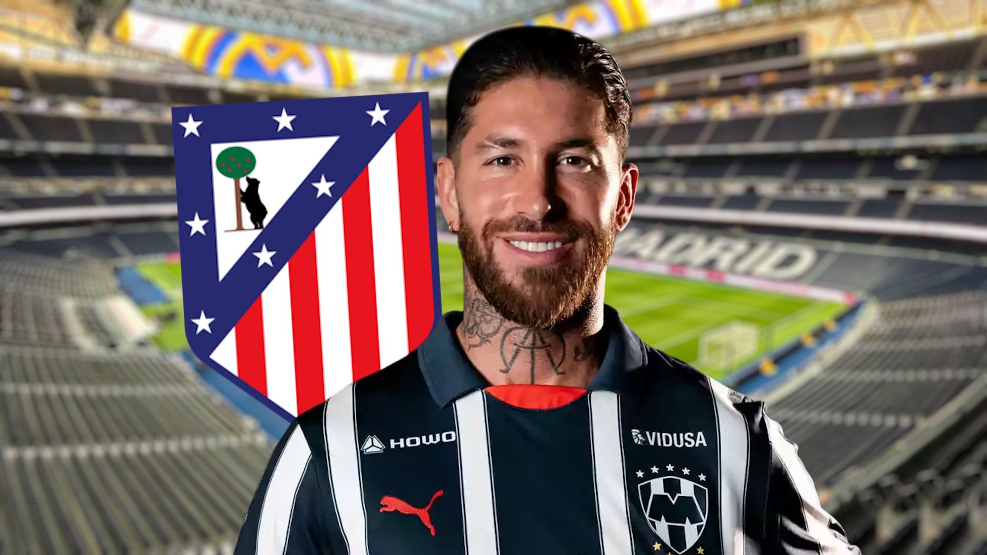 Sergio Ramos con escudo Atlético de Madrid y Bernabéu de fondo