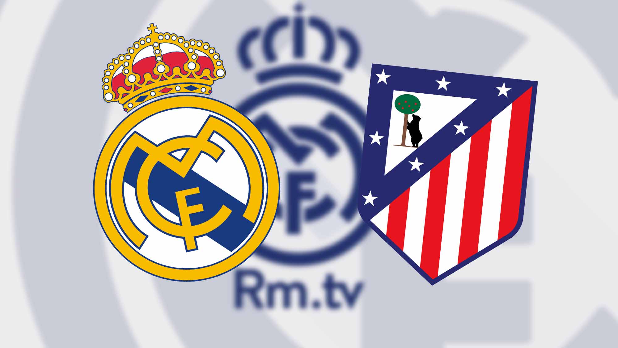 Escudos RM y Atleti con fondo de RMTV