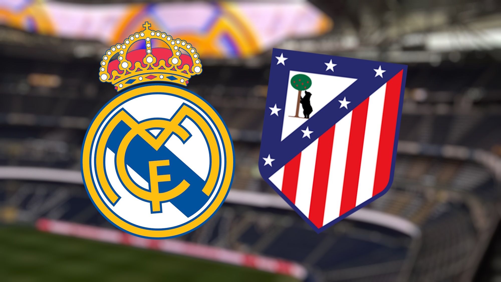 Escudos de Real Madrid y Atlético de Madrid con fondo tifo del Bernabéu