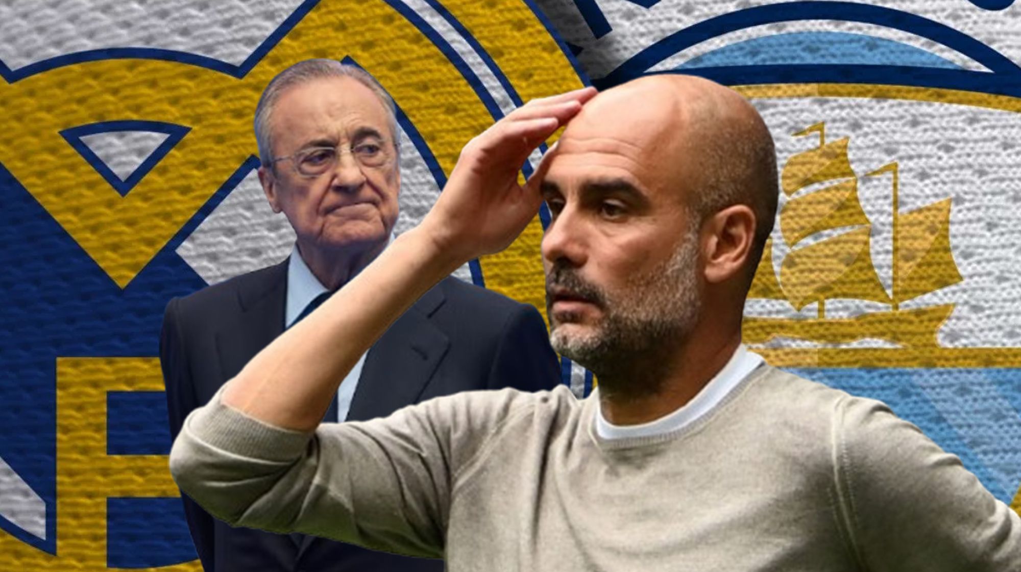 Florentino Pérez, Pep Guardiola y escudos del Real Madrid y el Manchester City.