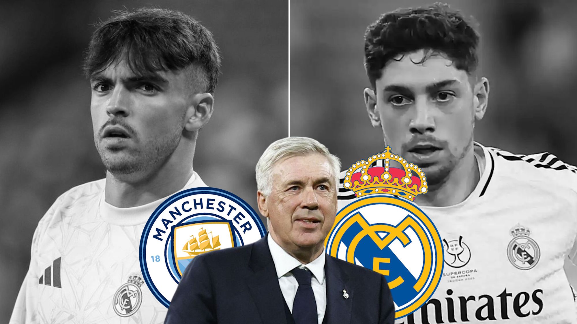 Carlo Ancelotti con escudos Man City y Real Madrid con Valverde y Asencio de fondo en blanco y negro