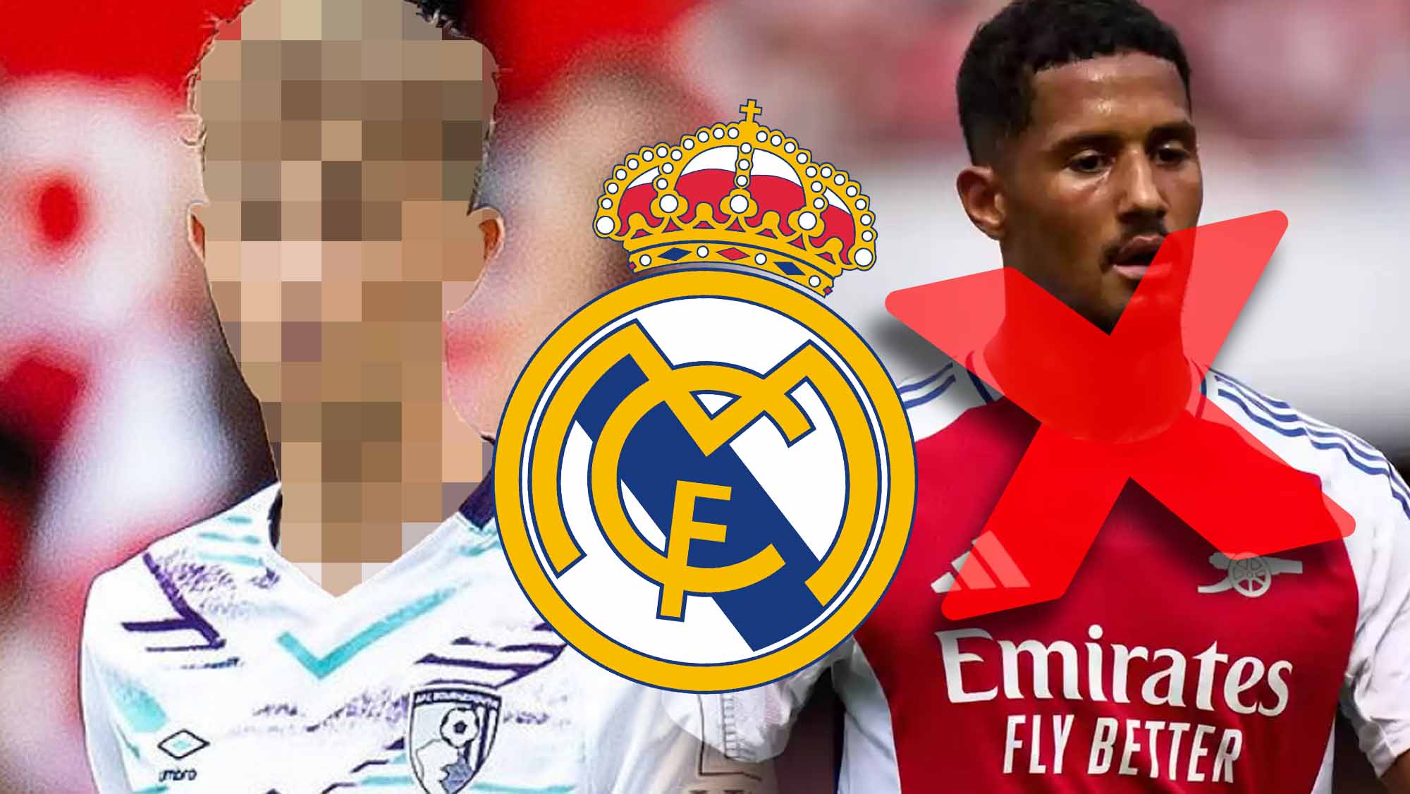 Jugador de incógnito con Saliba tachado y escudo RM