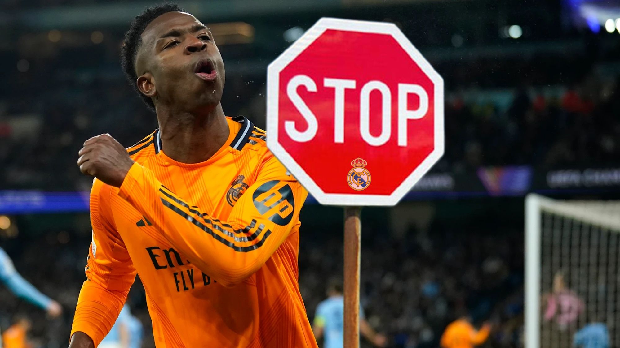 Vinicius gritando con el Real Madrid y señal de STOP con escudo del Real Madrid