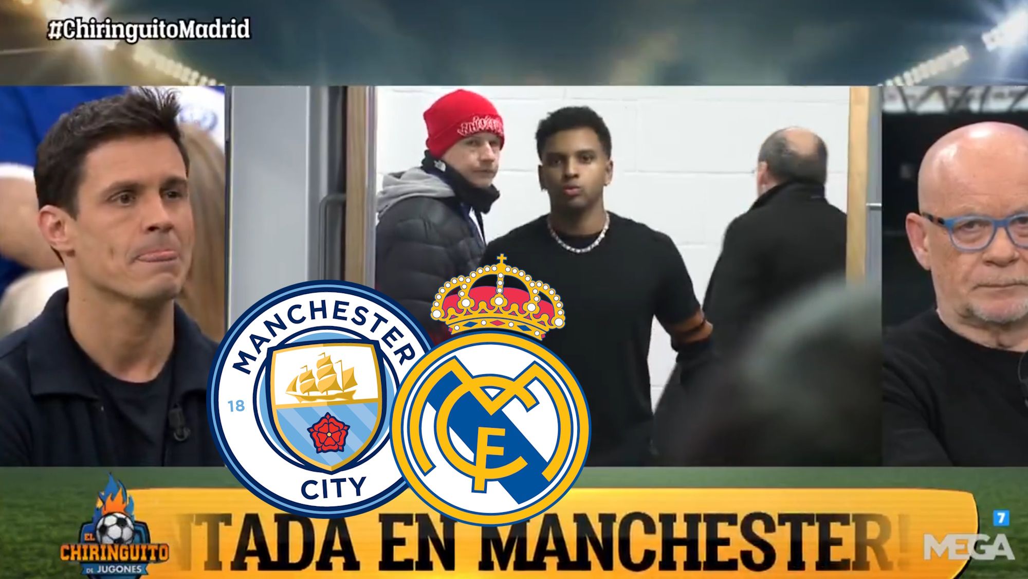 Edu Aguirre en el Chiringuito con escudos de Manchester City - Real Madrid