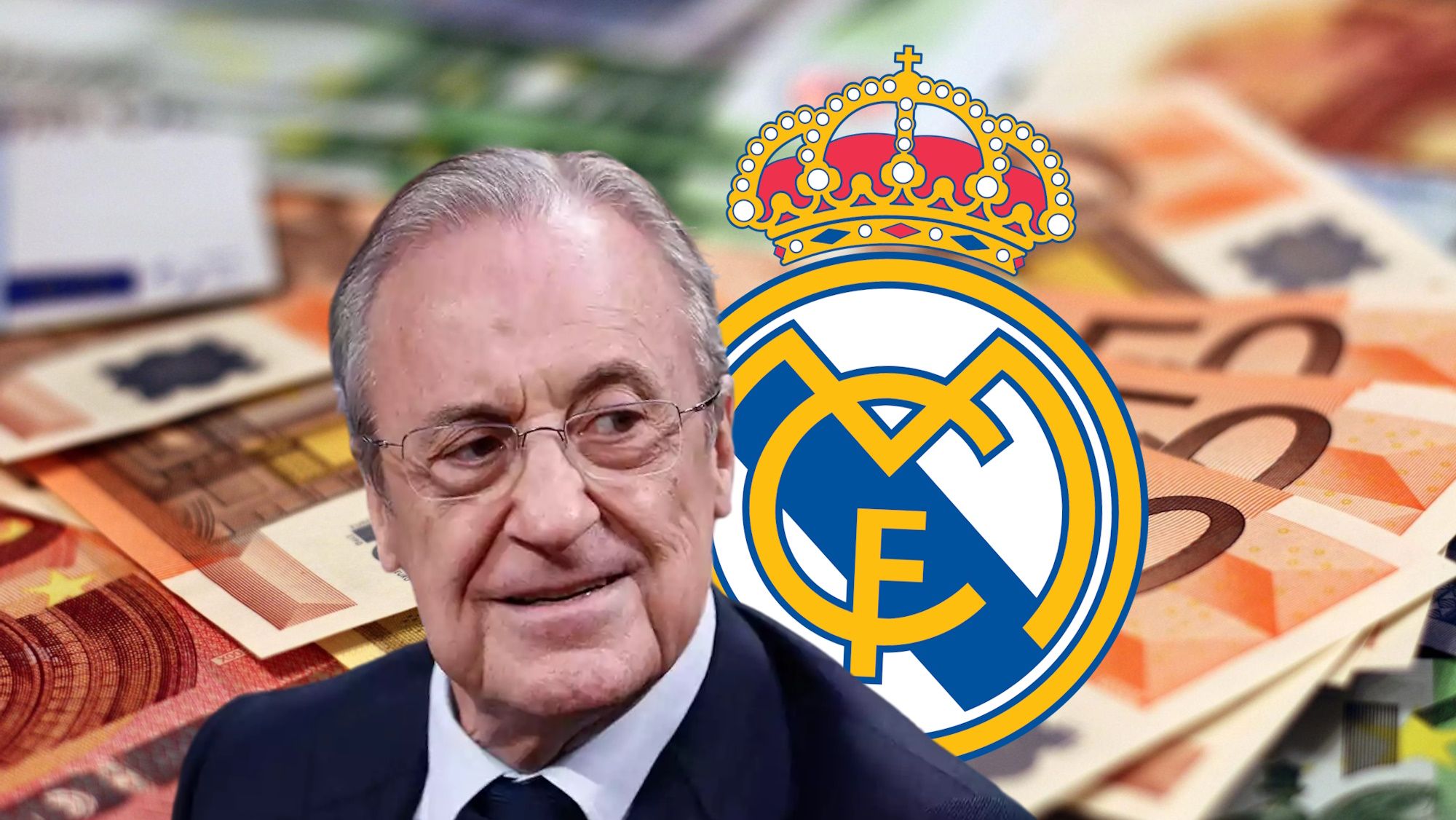 Florentino Pérez, escudo del Real Madrid y dinero de fondo