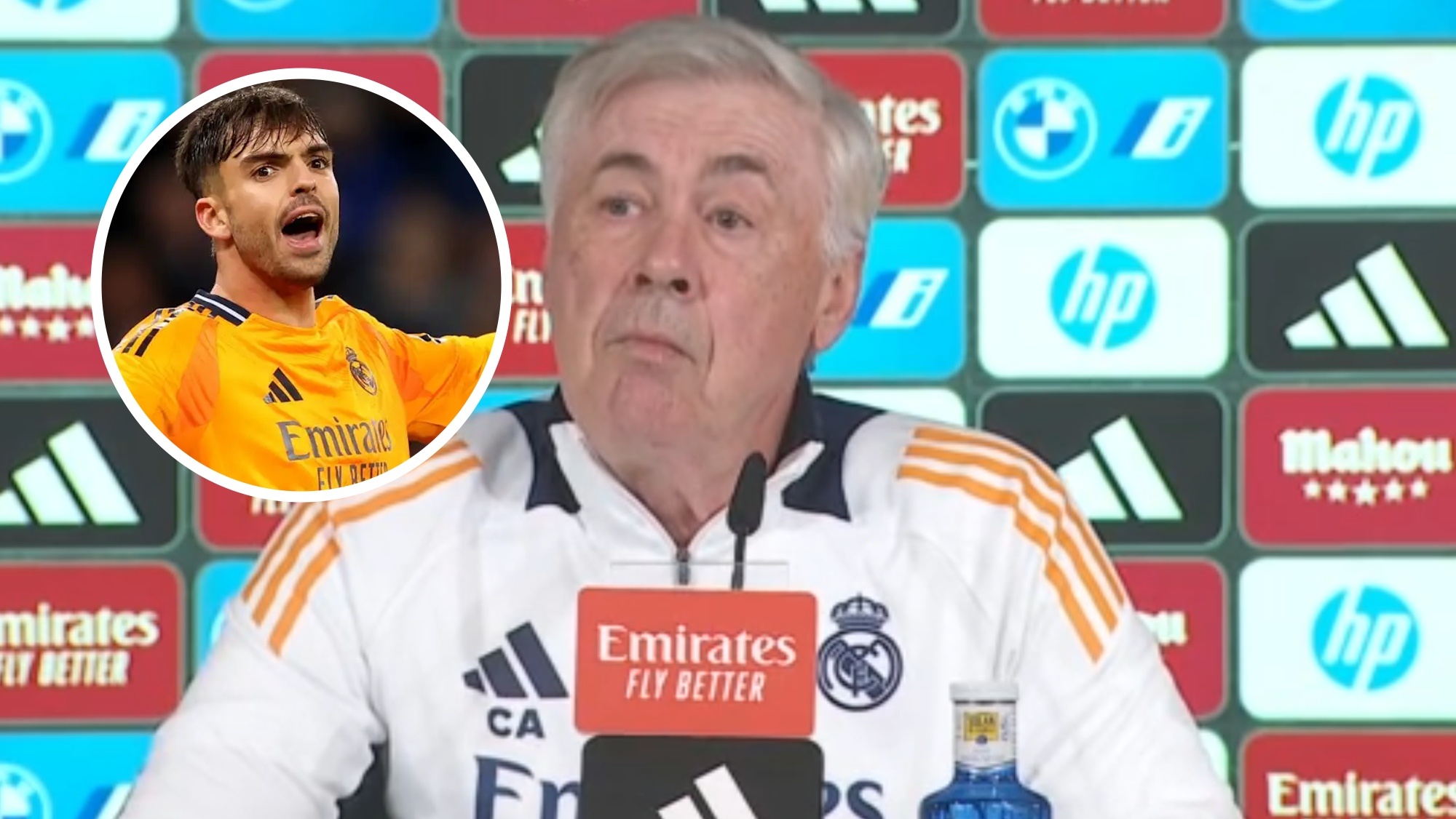 Carlo Ancelotti en rueda de prensa hoy previa al partido de mañana y Raúl Asencio en círculo