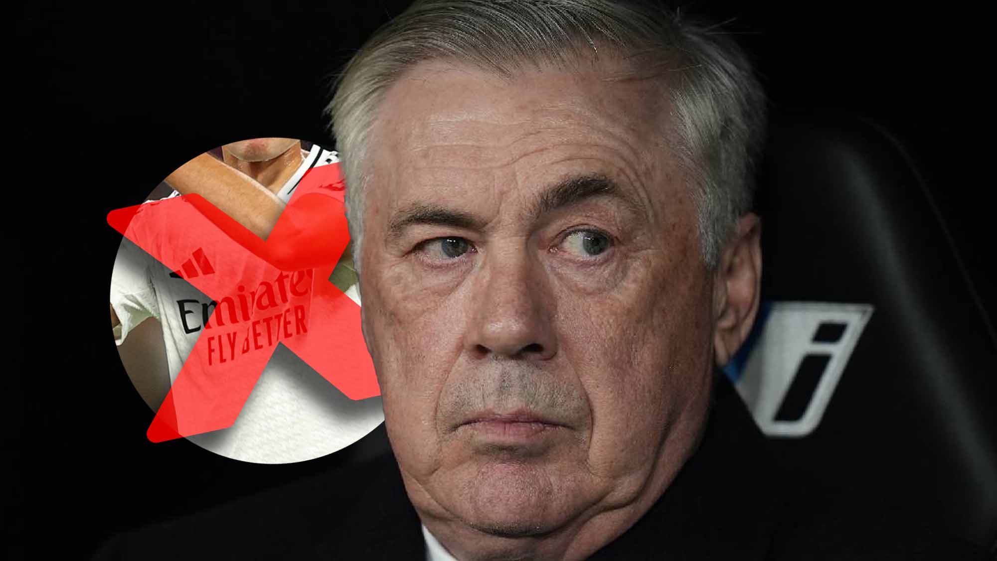 Ancelotti serio con jugador de incógnito tachado