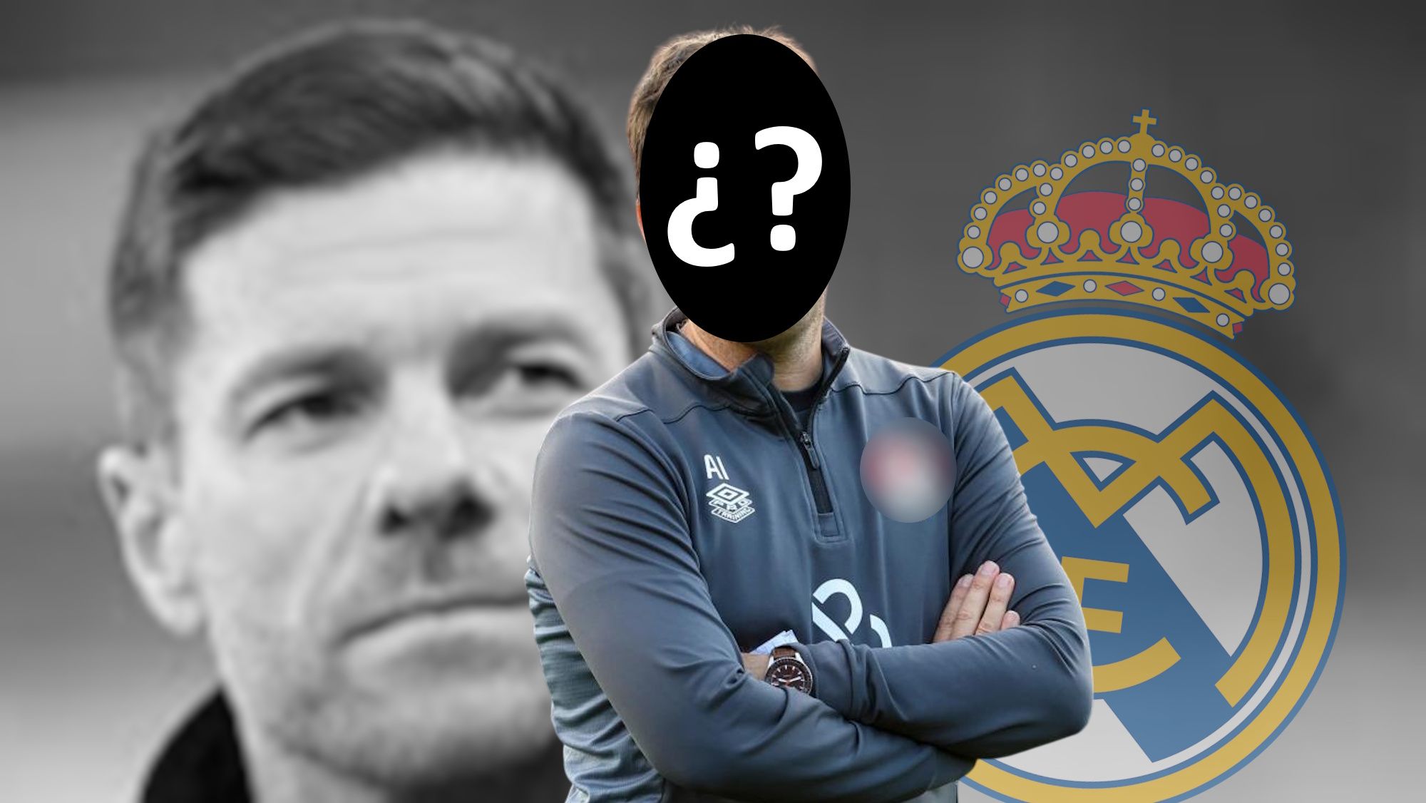 Entrenador de incógnito con escudo del Real Madrid y Xabi Alonso en blanco y negro de fondo