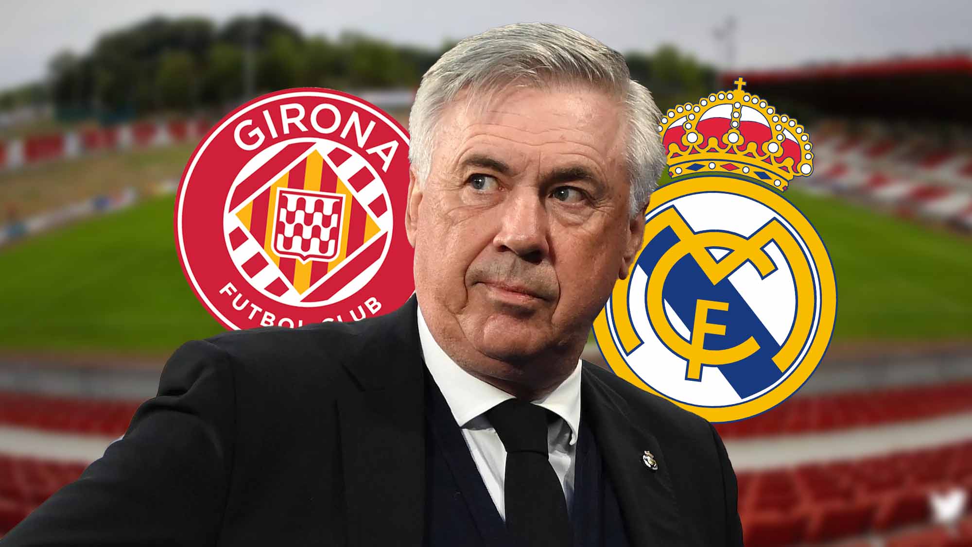 Ancelotti con fondo de Montilivi y escudos RM y Girona